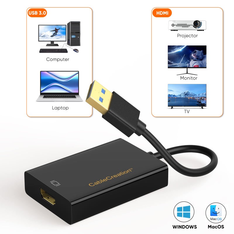 CableCreation محول كابل كرييشن USB 3.0 إلى HDMI مع DisplayLink، محول رسومات عرض خارجي USB متوافق مع Windows 11، 10 و macOS، أسود - Image 3